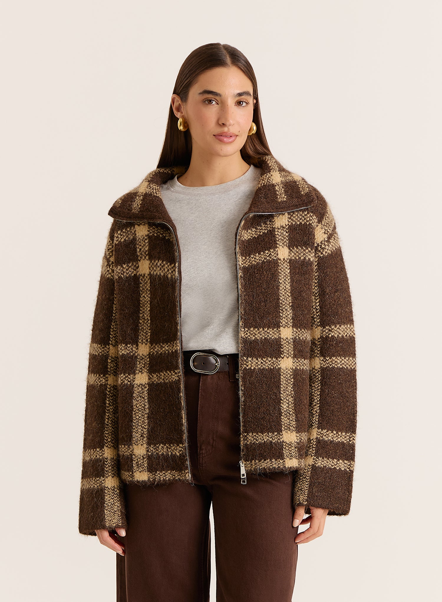 Chocolate Checked Knitted Zip Jacket